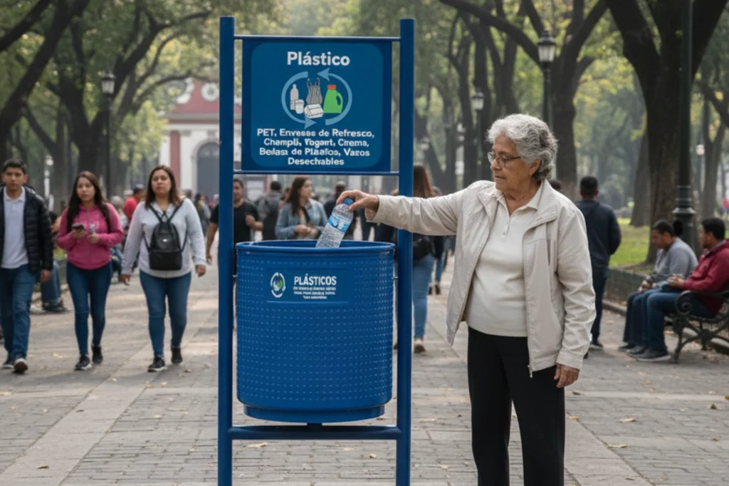 Botes de basura urbanos especializados para plástico PET dentro de un parque público en la Ciudad de México.