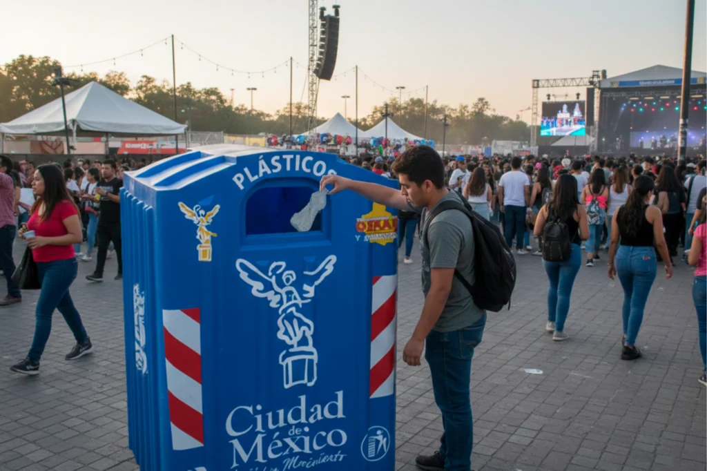 Contenedor urbano de gran capacidad para reciclaje usado en eventos multitudinarios en la Ciudad de México.