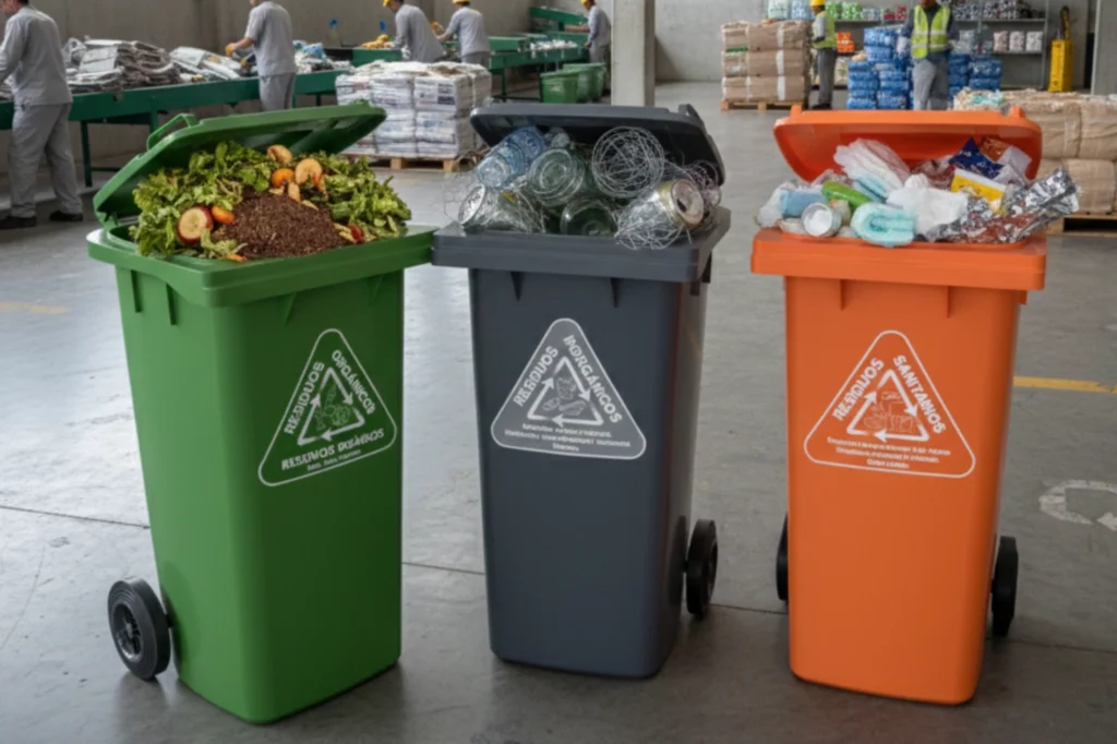 Contenedores de reciclaje identificados por color según normatividades ambientales y sistema de separación en México