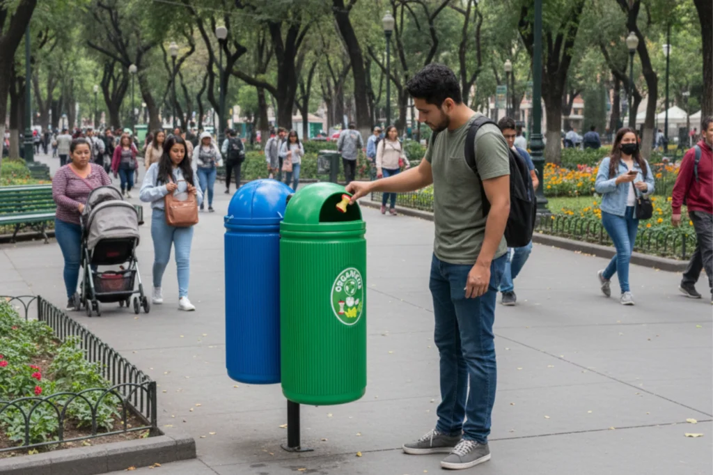 Papeleras urbanas para separación de residuos instaladas en un paseo arbolado de la Ciudad de México.