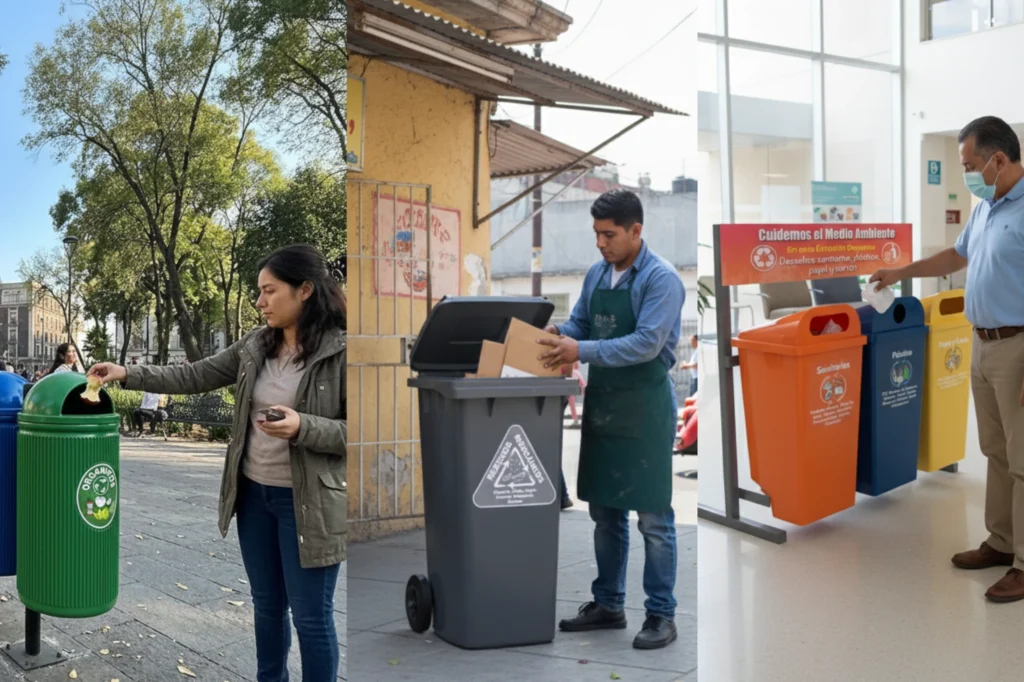 Hábito diario de separación de desechos en botes urbanos para mejorar la gestión ambiental.